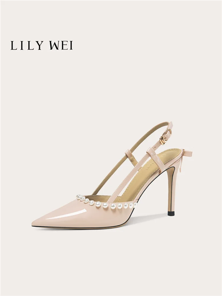 Summer new pointed patent leather pearl small size slim heel sandals banquet large size widened high heels women's shoes