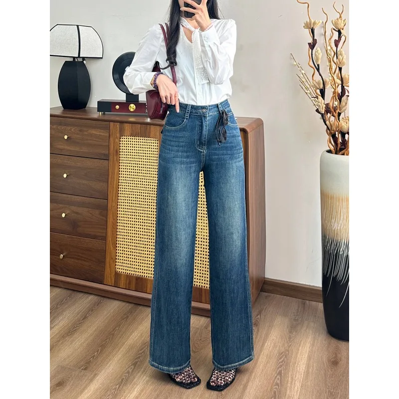 

Осень-зима 202, эластичные широкие женские джинсы в стиле ретро, новые свободные однотонные женские брюки для отдыха с высокой талией