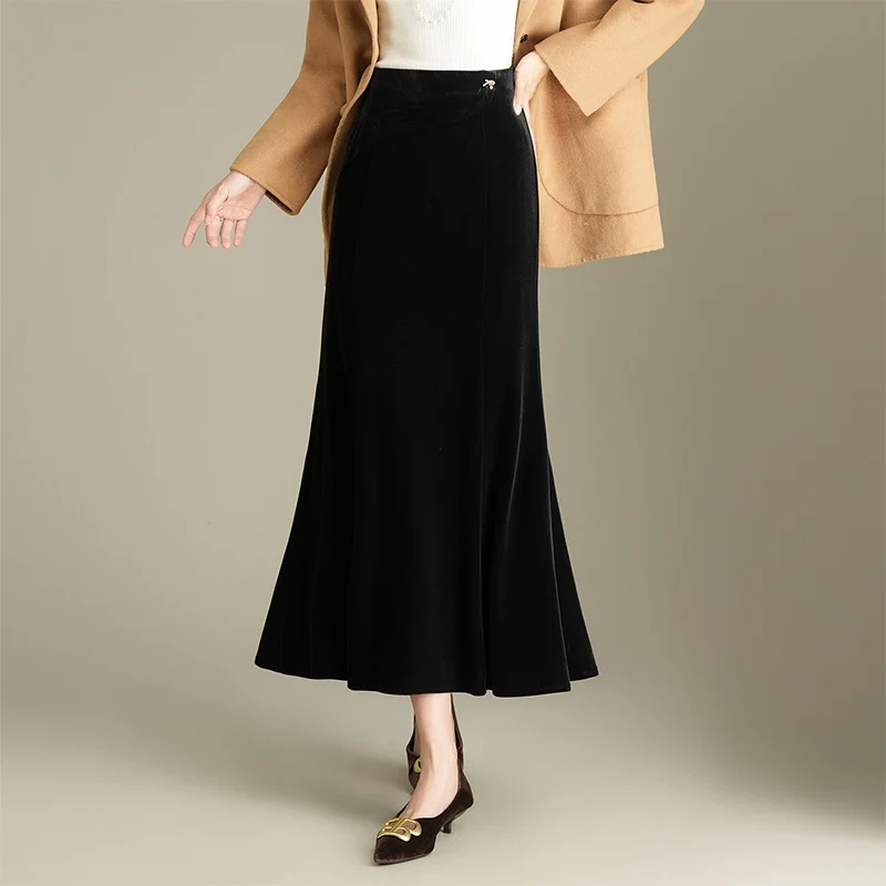 

Velvet f Skirt Women's Autumn Winter New High Waist Draped A-Line Skirt Slimming Large Size Meat Covering Long Fi Tail S...