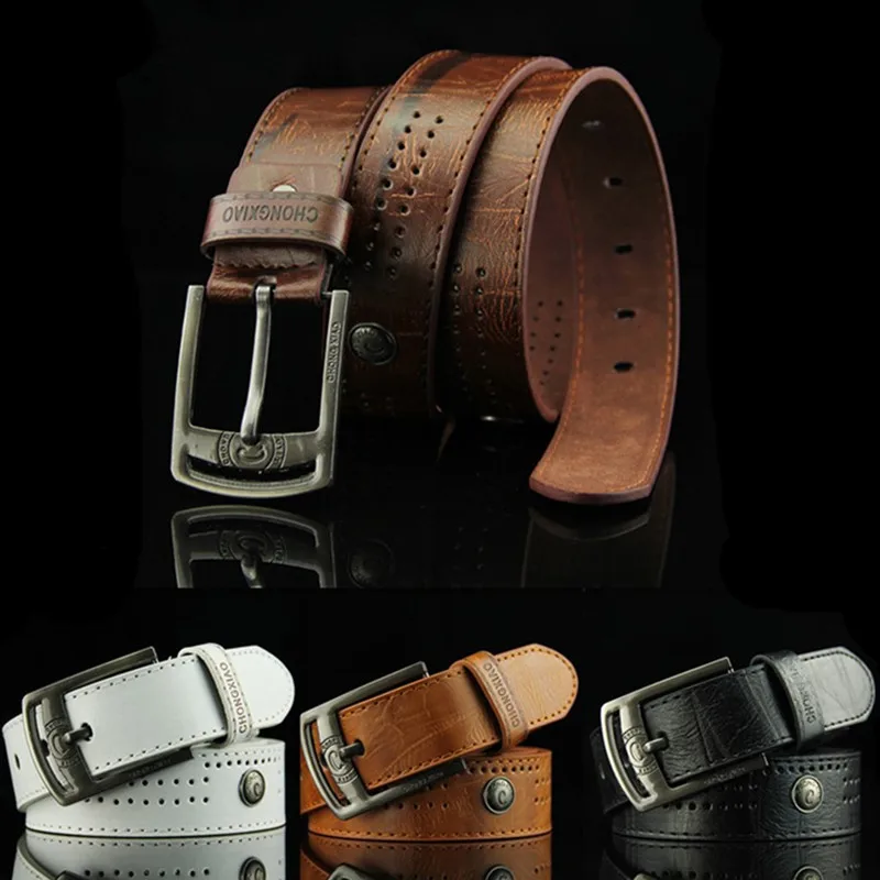 New High Quality Needle Buckle Style Leisure Men's Belt Hollow-out Rivet Punk PU Leather Men's Jeans Wide Belt Belt for Men