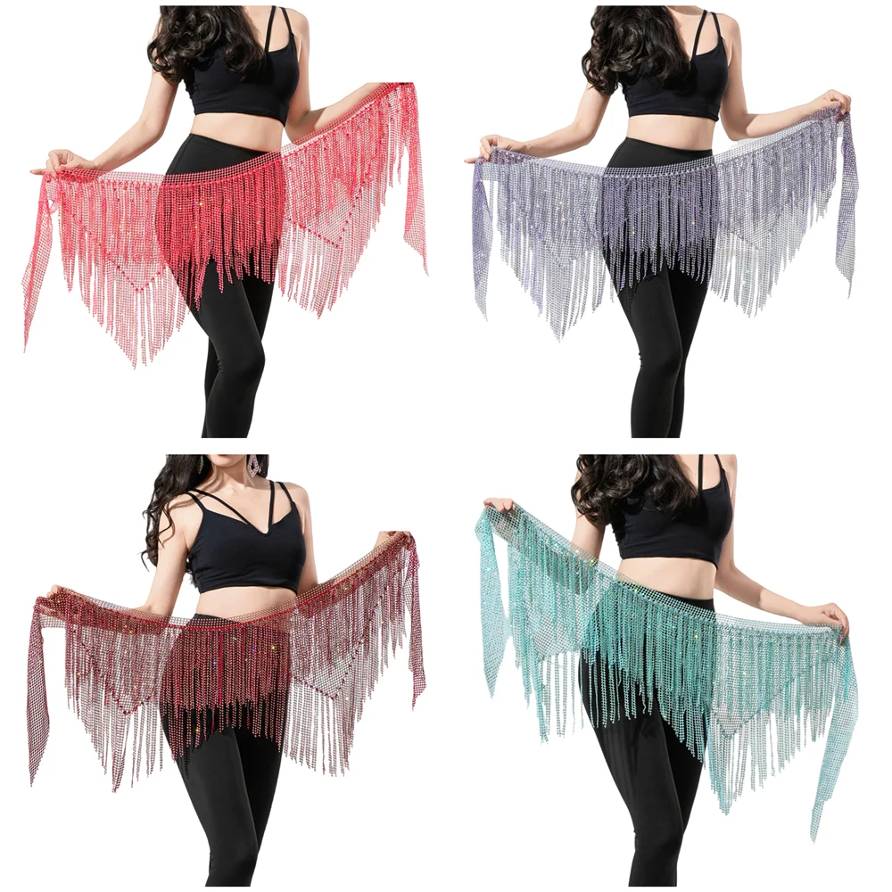 

Блестящий хип-шарф для танца живота, многослойная юбка со стразами, пояс для танца живота, треугольная шаль, поясная цепочка с кисточками для женщин и девочек