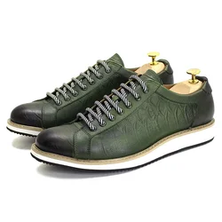 Men's European Style Casual Shoes Real Cow Leather Green Black Fashion Designer Luxury Croc Print Flat Street Footwear
