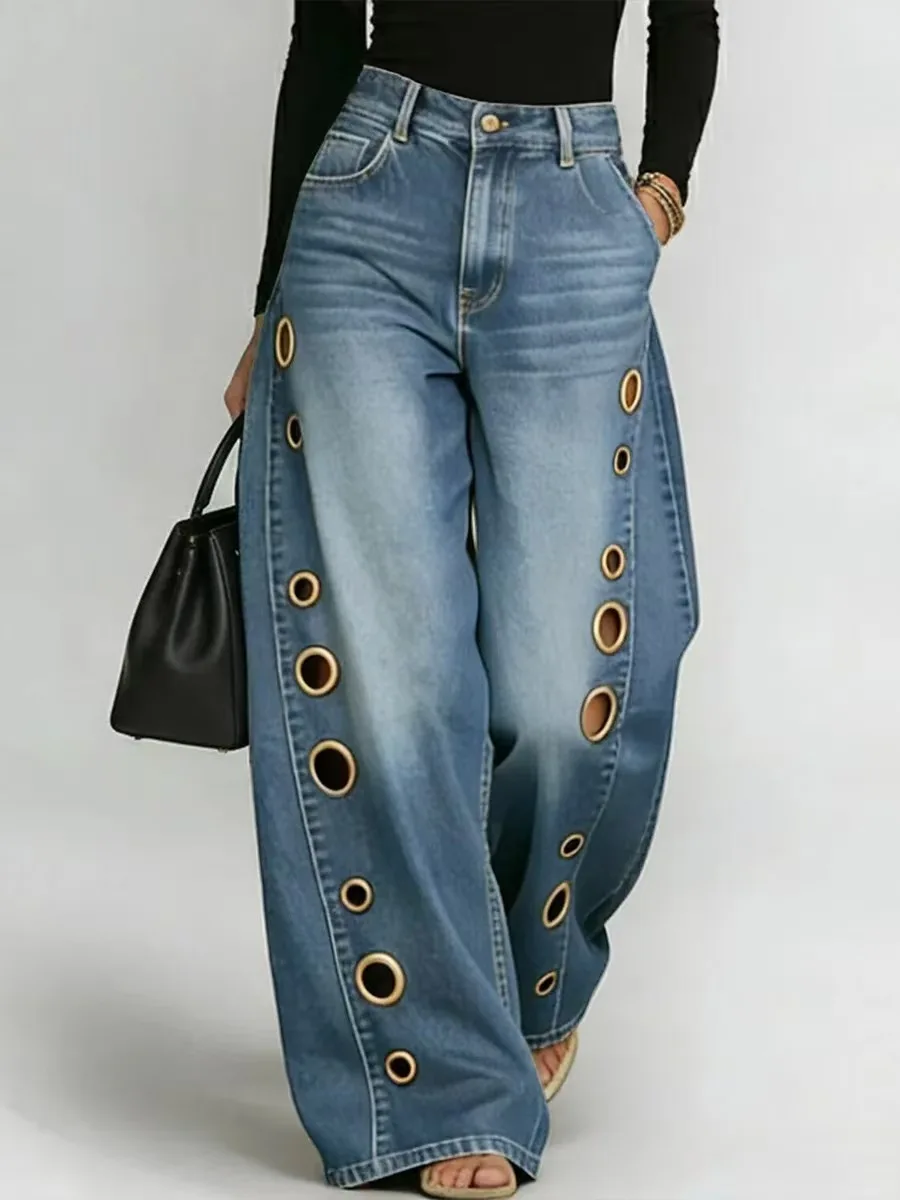 

American High Street Straight Leg Jeans Women Metal Ring Hollow Long Jeans Autumn Casual High Waist Pockets Baggy Denim Pants