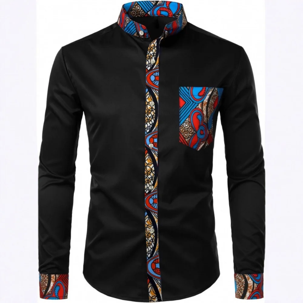 Men's Stand Collar African Ankara Print Spliced Long Sleeve Shirt Patchwork Pocket Button Up Casual Dress Tops