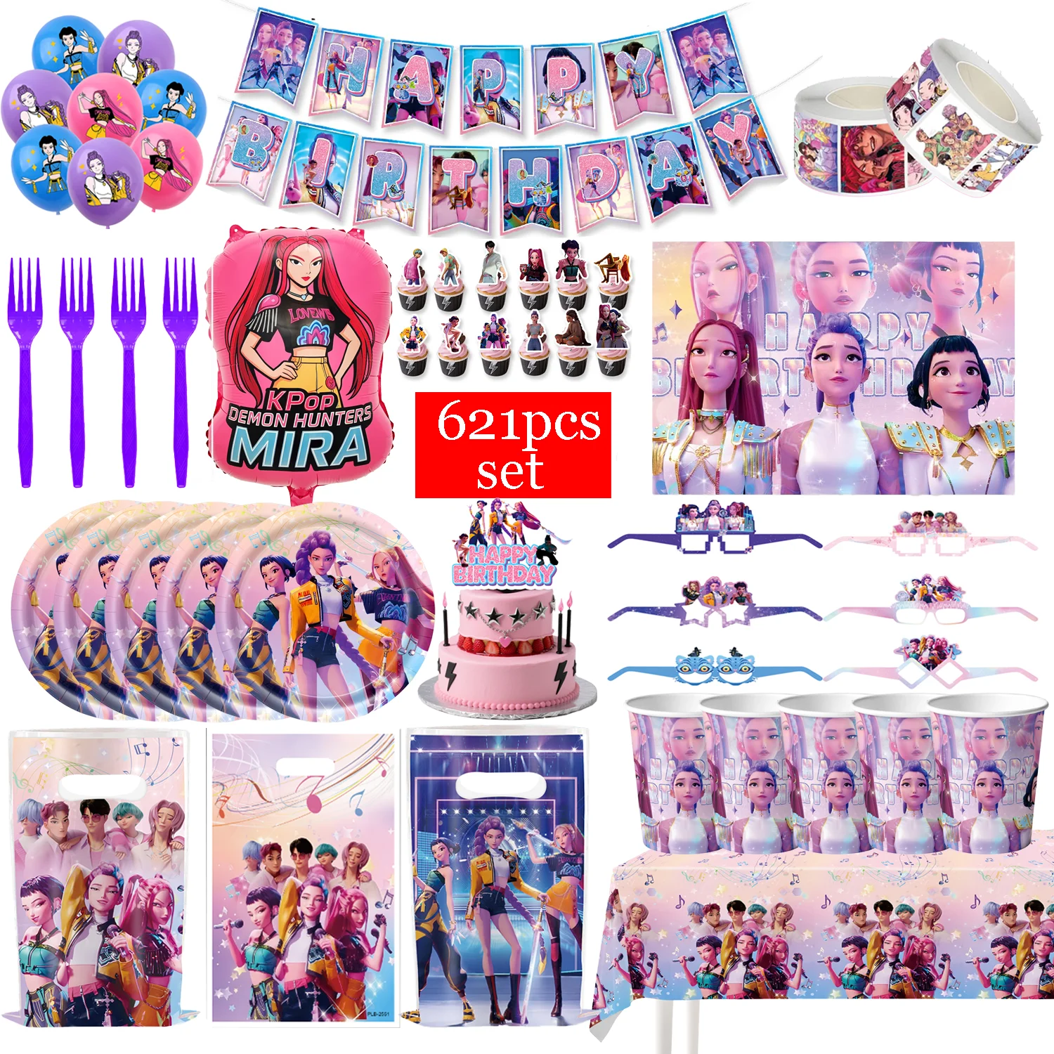 

Demon Hunters Kpop Korean Anime Birthday Party Decor Set Tableware Balloons Banner Tablecloth Bag Cake Decor Girl Party Favors