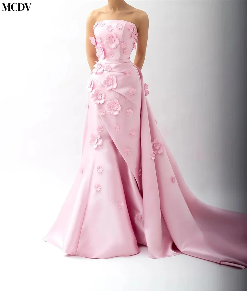 فستان سهرة مخصص من الساتان رشيق على شكل حرف a زهور ثلاثية الأبعاد عالي الجودة بدون حمالات بدون أكمام فستان سهرة نسائي