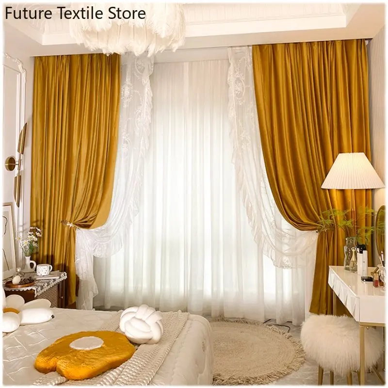 

Light luxury retro flannel curtain balcony floor-to-ceiling window velvet blackout cloth Curtains for Living dining room bedroom