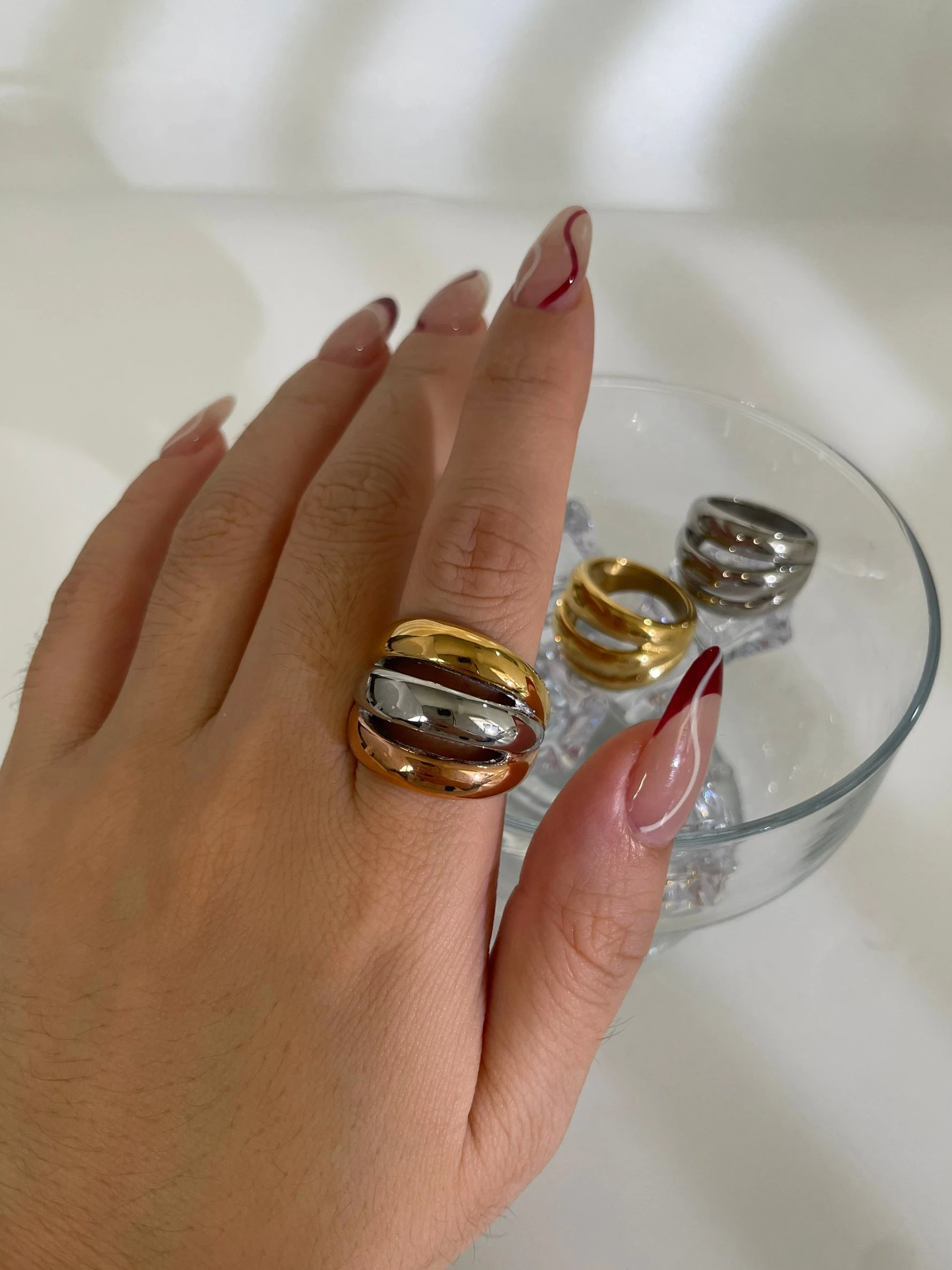 Peri\'sbox Stainless Steel 18K Gold Silver Plated 3 Splicing Color Chunky Dome Ring Multi-Layer Hollow Rings for Women Men Unisex