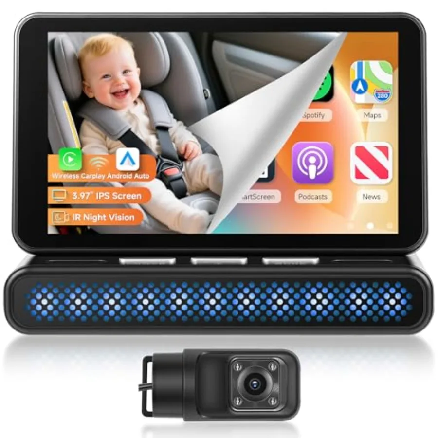 

Автомобильная камера для наблюдения за ребенком с IPS-экраном 3.97 дюйма, беспроводным CarPlay, Android Auto, Super Link, ночным видением и регулируемым углом обзора