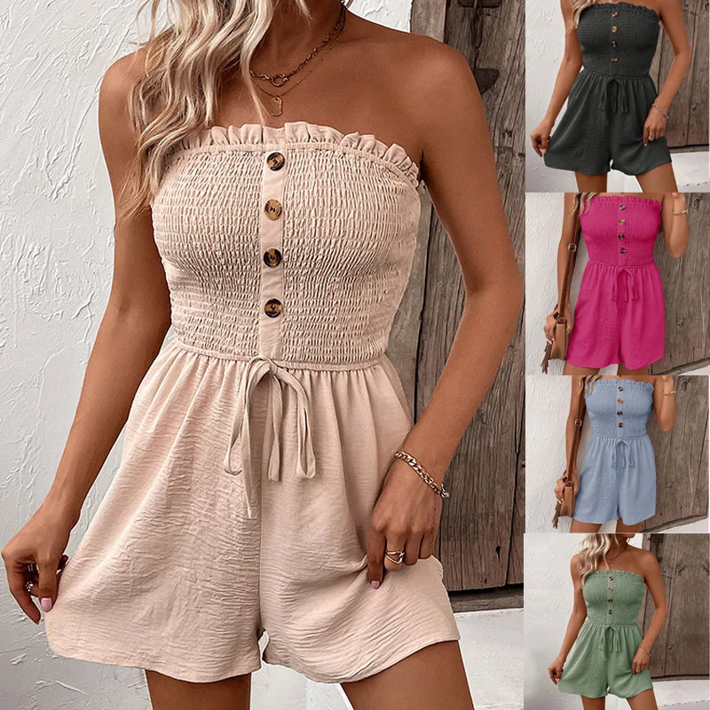 Sexy Jumpsuit Women's Short Jumpsuit Elegant Folding Bandeau Ruffle Hem Drawstring Jumpsuit Casual High Street Jumpsuit