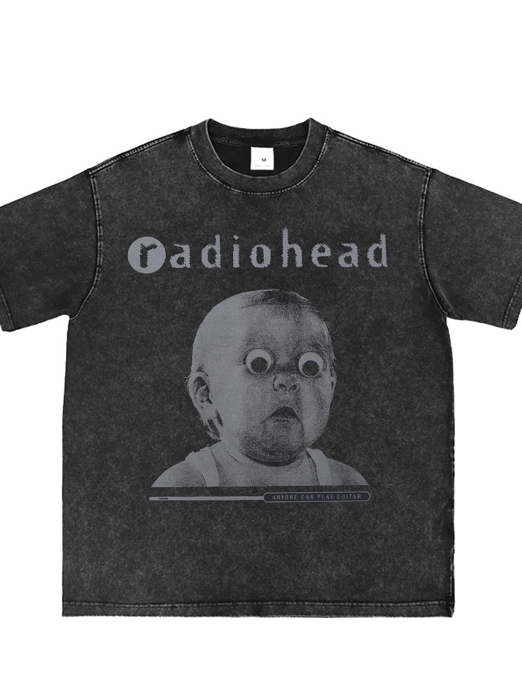 Radiohead Washed Vintage American Street Punk Short Sleeve Loose Fit Rock Band T-Shirt Youthful Artistic Casual Cotton Tee