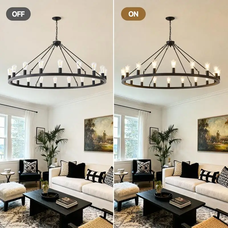 53" Black Wagon Wheel Chandelier, 18-Light Fixture (No Bulbs) - E26 Base