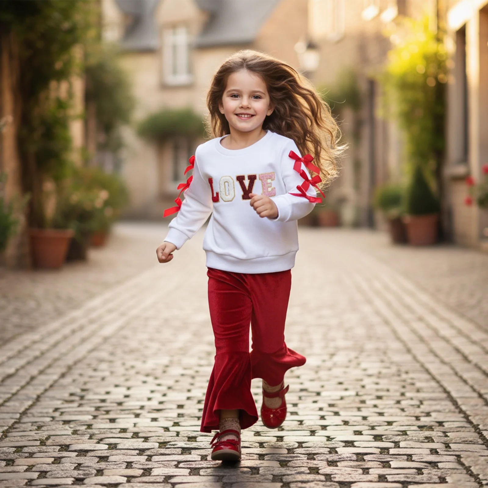 1-4Y Toddler Baby Girl Valentines Day Outfit Bow Letter Long Sleeve Sweatshirt Solid Flare Pants 2 Piece Children's Sets