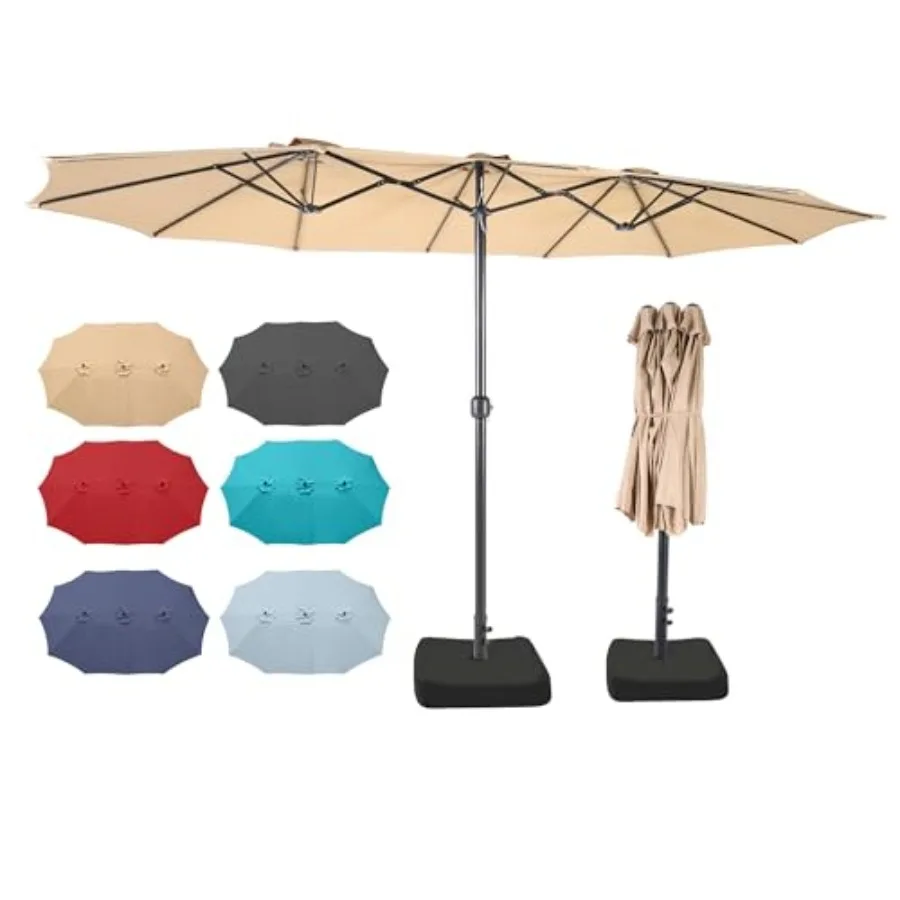 

15ft x 9ft Patio Double-Sided Umbrella with Base and Crank Extra Large Rectangular Outdoor Umbrella for Patio Lawn and Garden B