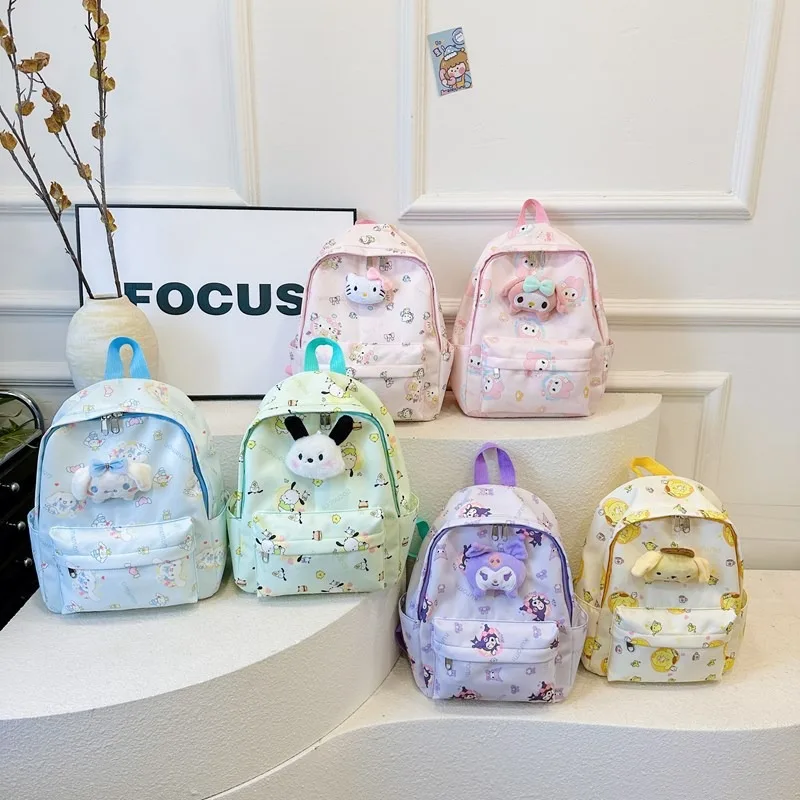 Sanrio Backpack Hello Kitty Kuromi Cinnamoroll Melody School Bag with Plush Doll Kids Boy Girl Teenager Satchel Kawaii Knapsack