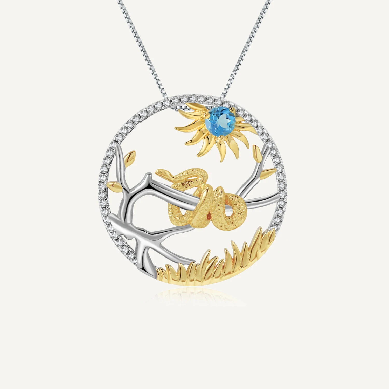 GEM'S BALLET Natural Swiss Blue Topaz Pendant Necklace 925 Sterling Silver Chinese Zodiac Plated Gold Snake Jewelry For Women