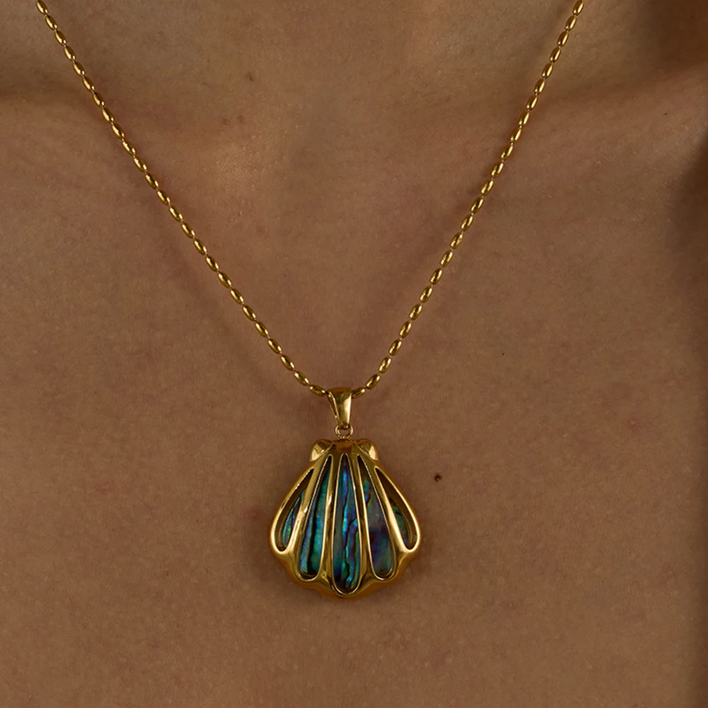

AIKOER Fashion Colored Abalone Shell Hollow Shell Pendant Necklace 18K Gold Color Plated Stainless Steel Shell Pendant Necklace