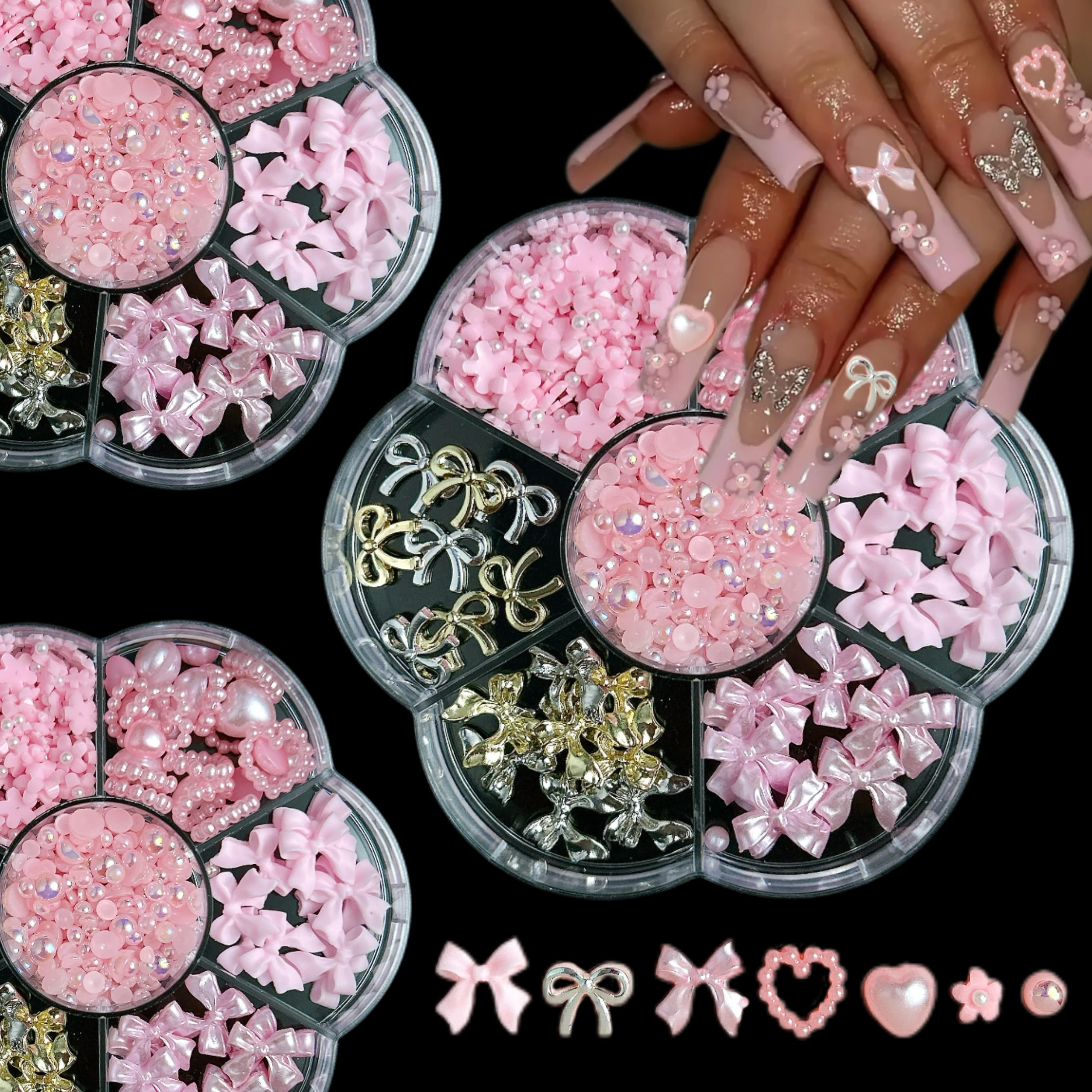 1 ボックス絶妙な合金中空弓チェリーネイルアートチャームカラフルなちょう結び模擬ロリポップハート樹脂ネイルデコレーション DIY