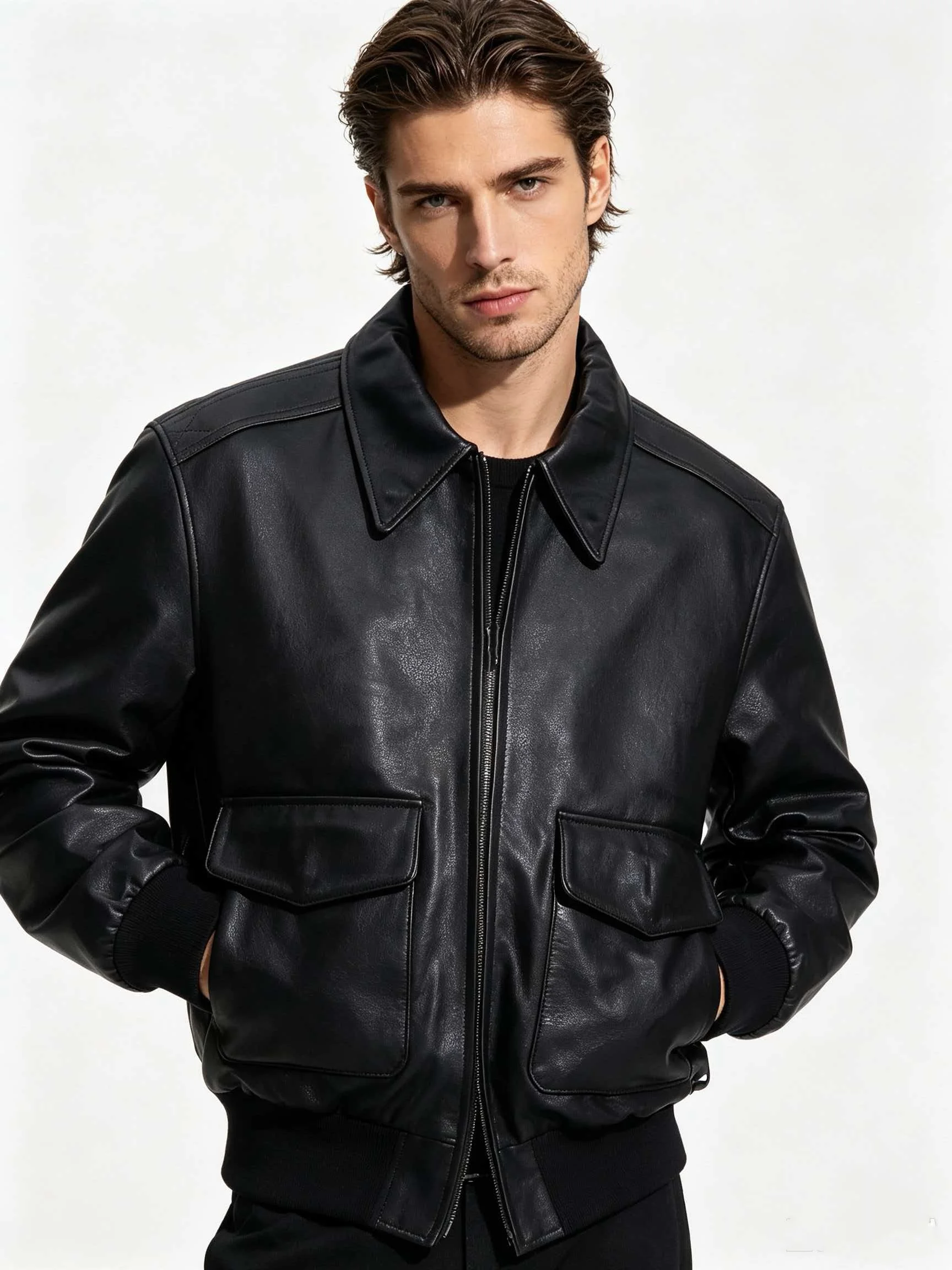 Men's Genuine Cowhide Leather A-2 Flight Jacket Black Pebbled Pilot Bomber Coat Fleece Lined Ribbed Hem Winter Outerwear