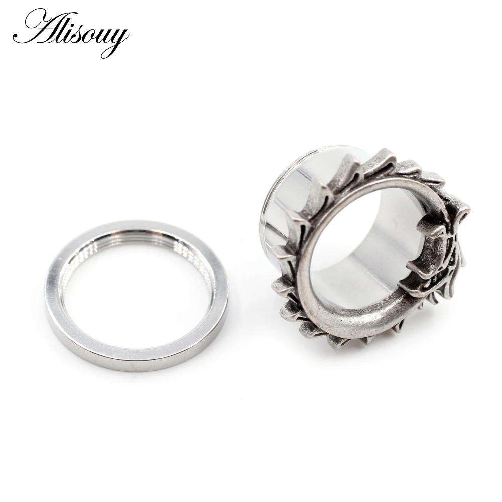 Alisouy 2PC Stainless Steel Ear Tunnel Plugs Expander Skull Flower Star Moon Dragon Cross Stretcher Gauges Body Piercing Jewelry