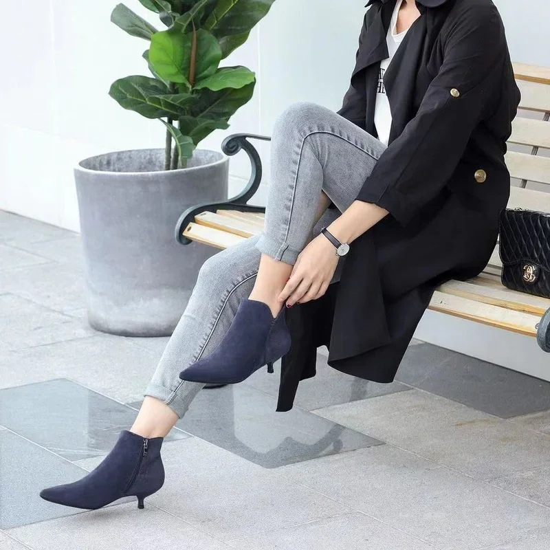 New 2023 Ankle Boots for Women Pointed Toe Stiletto Ankle Boots Low Heels for Women Chunky High Heel Female Shoes