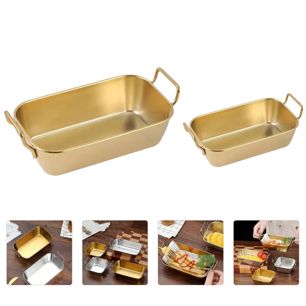 2 Pcs Snack Basket Dessert Tray Food Barbecue Restaurant Tableware Serving Dinner Plate Stainless Steel Handled Flatware