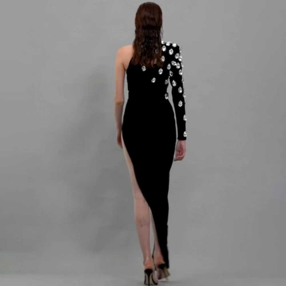 LEOSOXS Vestido de noite feminino elegante preto design assimétrico e detalhes de cristal para sofisticação de luxo atemporal 2025
