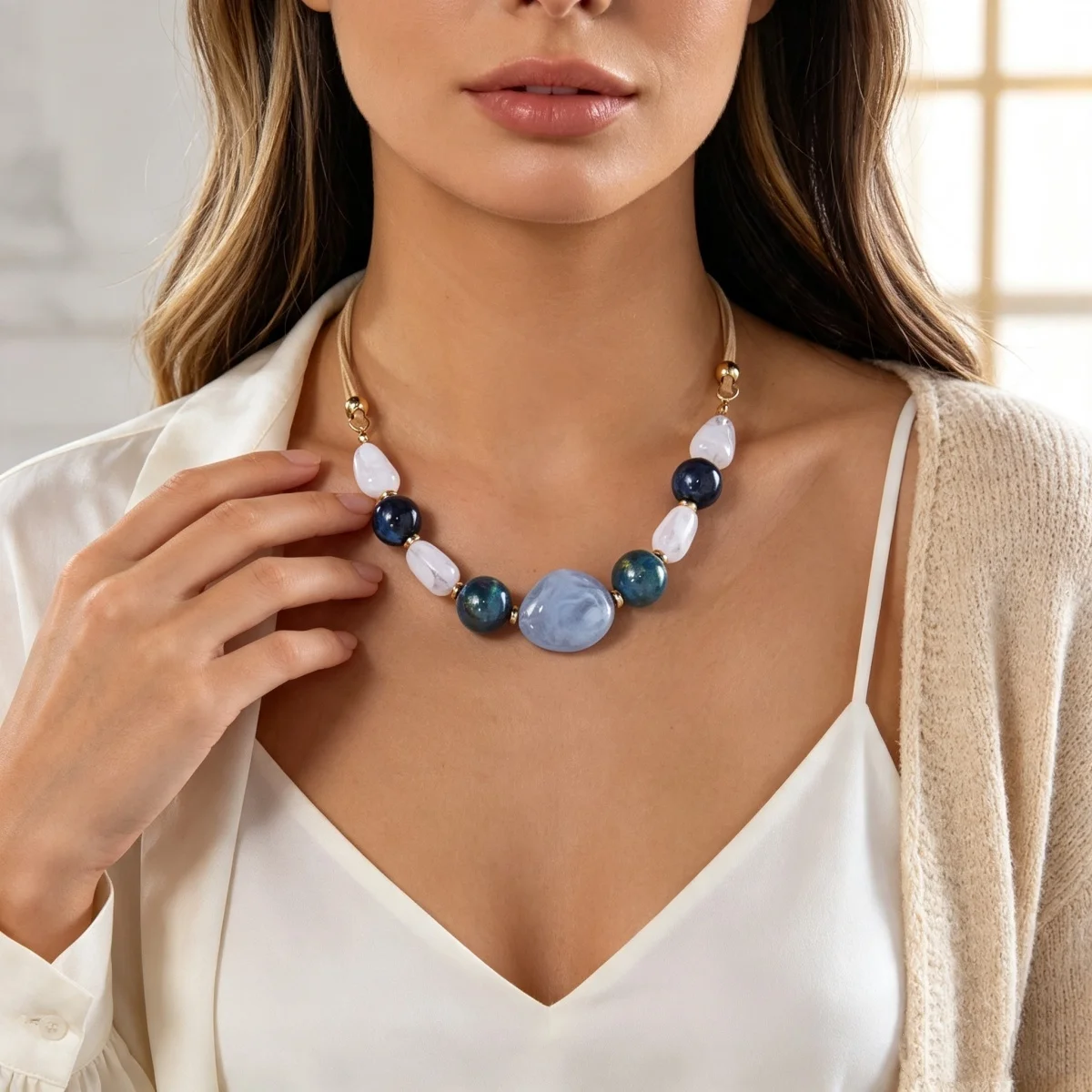 Ins Vintage Mehrfarbige Unregelmäßige Acrylperlen-Halskette für Damen und Herren, Handgefertigte Samtkette, Harzperlen-Choker, Ästhetischer Schmuck – Detail 6