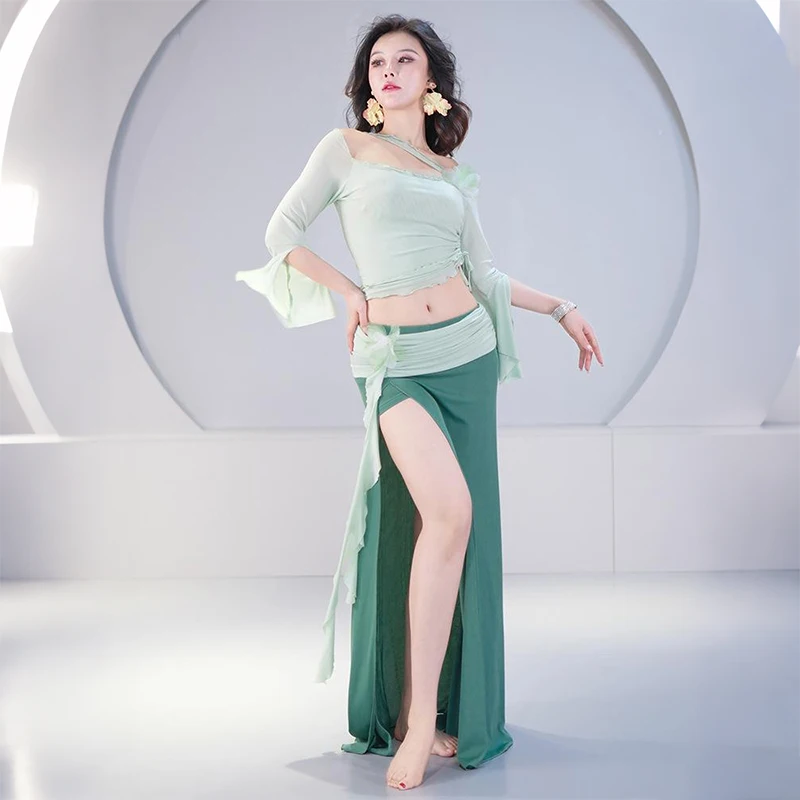 

Women Belly Dance Costume Long Sleeve Tops + Skirts Oriental Dance Stage Performance Suit For Beginners Practice Outfit