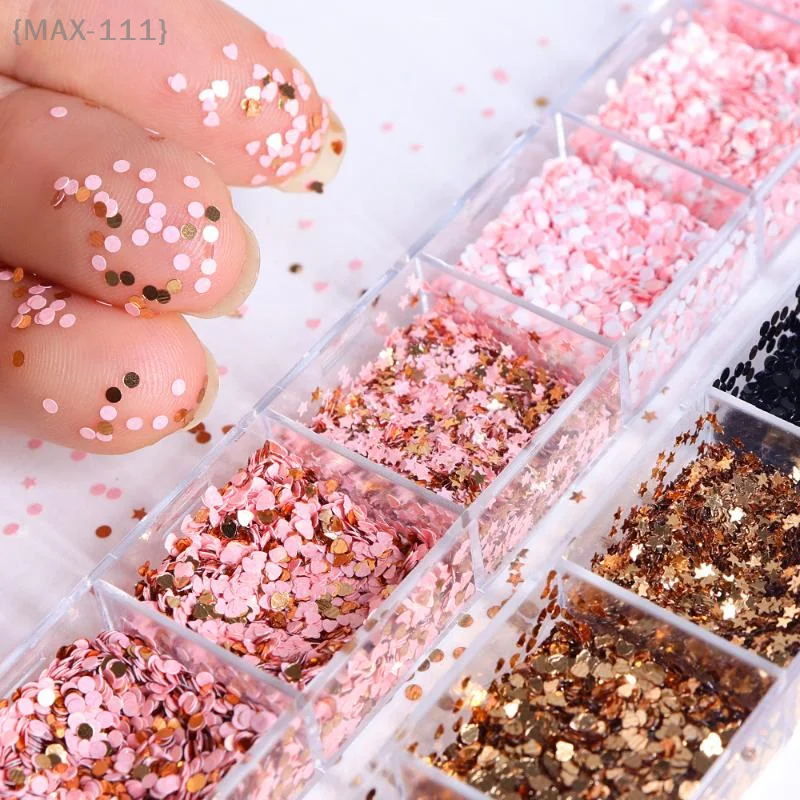 Star Heart Round Shape Nail Art Glitter Sequins (12 Grids) Holographic Nail Flakes&Mixed Iridescent Powder Stylish Nail Decora