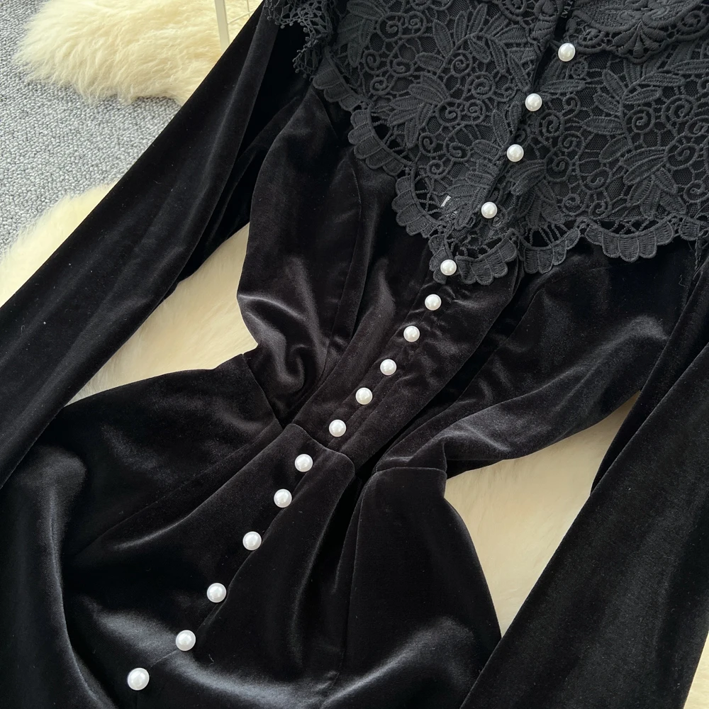 Elegant Chic long sleeve velour lace button Slim Dresses Party High Street evening dress Autumn Clothing