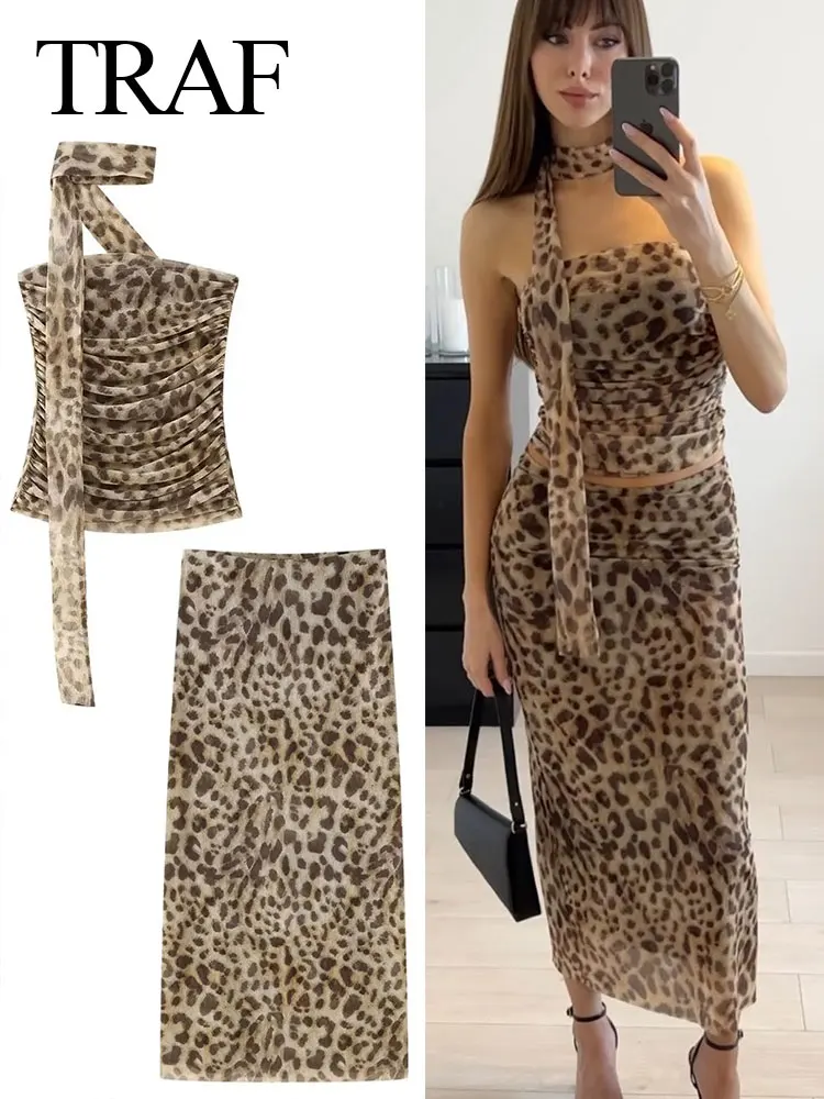 TRAF 2024 estate nuovi set da donna Tulle Halterneck pieghe Leopard Print Tube Top + a-line Chic Wild Streetwear gonna lunga femminile