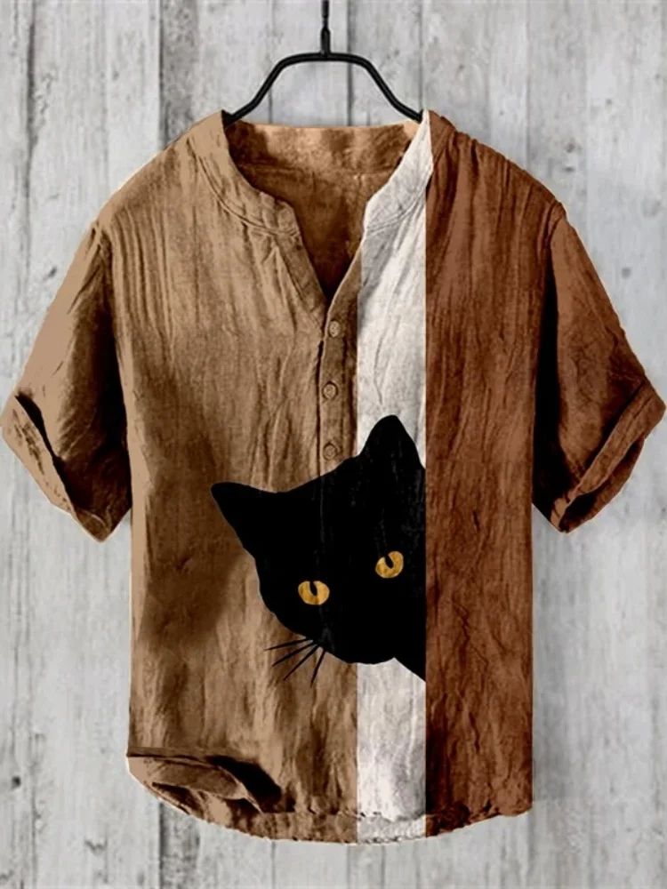 

Japanese Abstract Black Cat Art Print Linen Blend Shirt Streetwear Short Sleeve Daily Wear Lightweight Fabric Tops Men's Clothes
