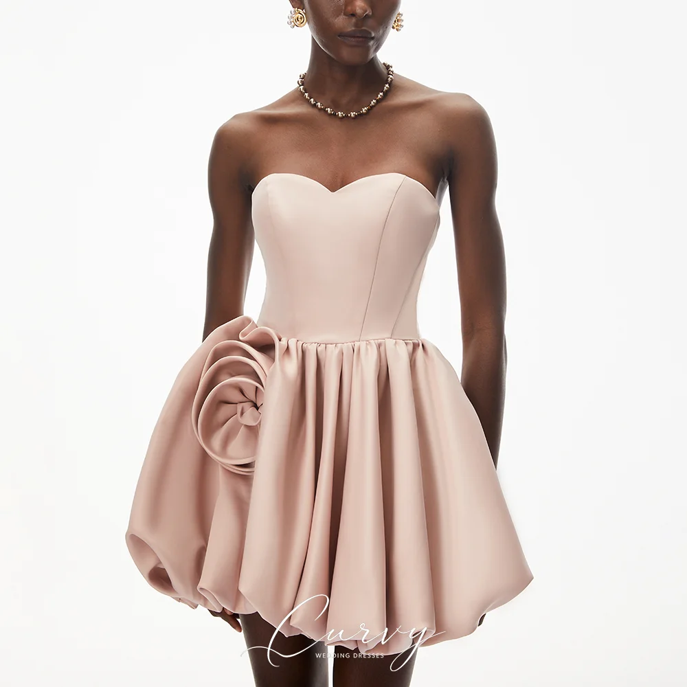 Curvy Romantic Rose Blush Pink Vestido De Fiesta Prom Dresses for Women Strapless 3D Rose Satin Bubble Mini Formal Prom Gown