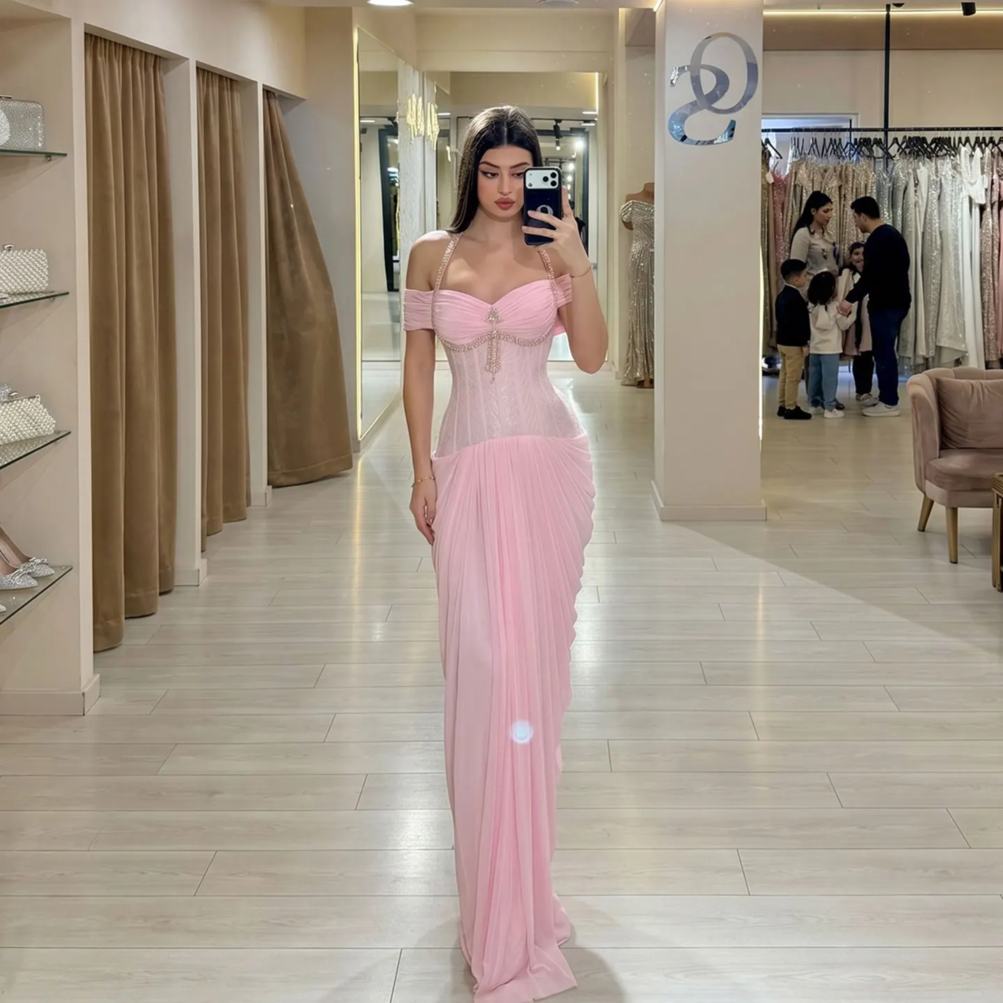 Remote Moon Off Shoulder Ruched Beaded Chiffon Mermaid Evening Dress Elegant Saudi Arabic Wedding Guest Prom Gown Custom MN167