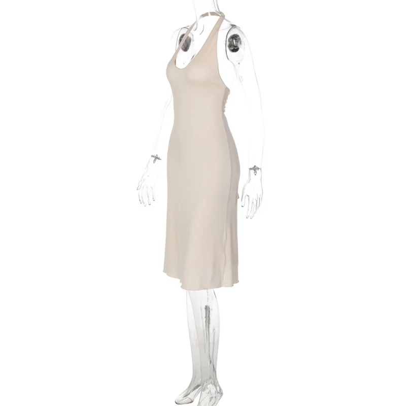 Mozision Women Halter Deep V Neck Midi Dress Sleeveless Backless Bodycon Ruffle Hem Long Dress Elegant Club Party Evening Dress