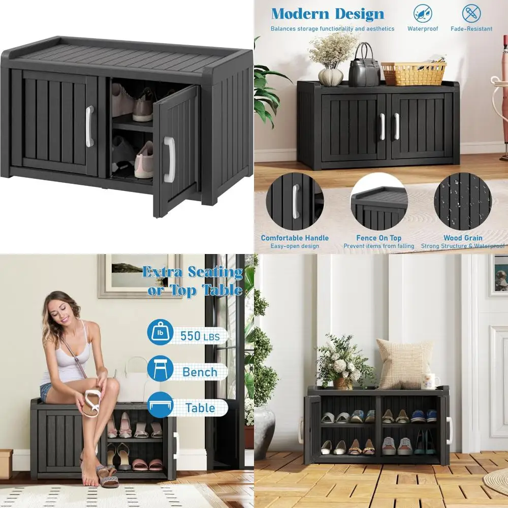 KAMABOKO Outdoor Shoe Storage Cabinet, Waterproof UV-Resistant Entryway Storage Bench Indoor Outdoor with 2 Barn Doors, Adjustab