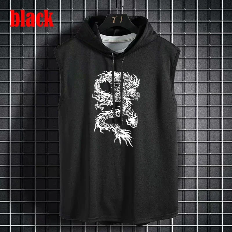 Men's Dragon Print Workout Hoodie Tank Top Sleeveless Hooded Cut Off Shirt Bodybuilding Muscle T Shirts