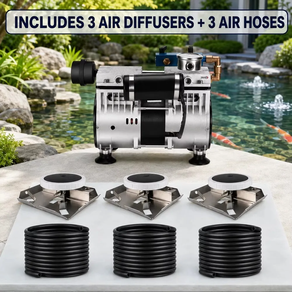 High Flow Pond Aerator Kit 70L/Min Oil-Free Air Compressor with 3 Diffusers & Weighted Hose for Landscape Lake Fish