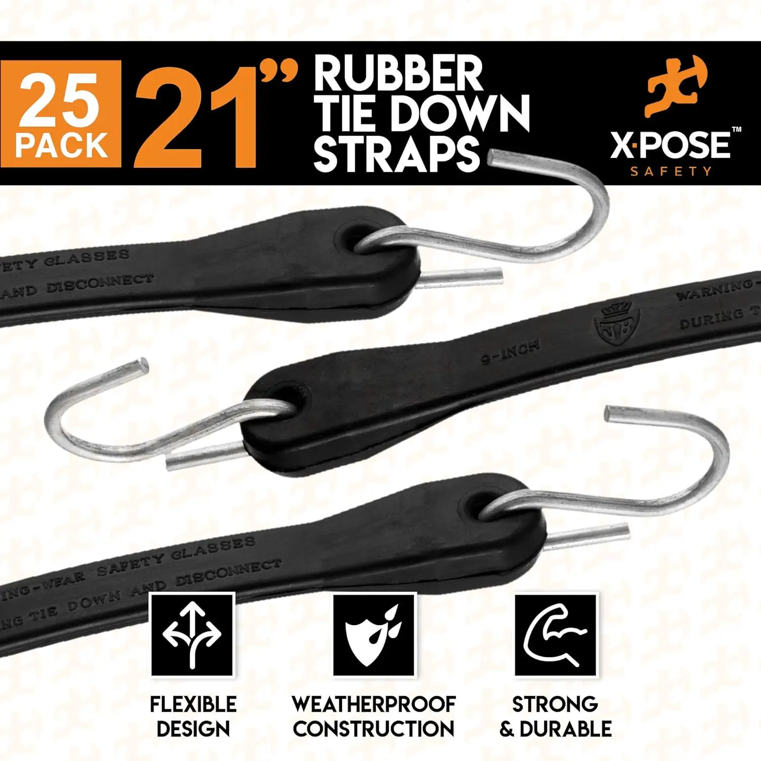 Bungee Cords with Hooks - Black EPDM Synthetic Heavy-Duty Rubber Tie Down Straps for Outdoor, 21 inch 50 Pack (32