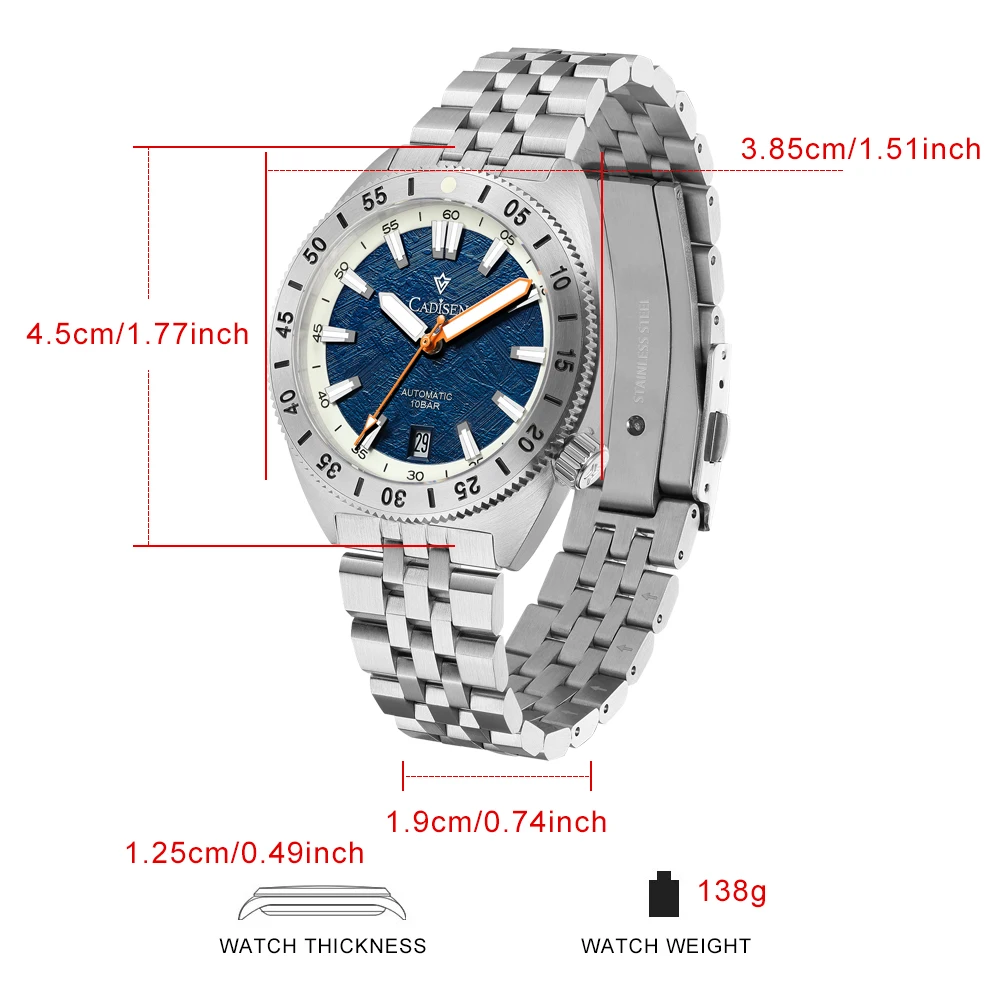 CADISEN Luxury Mens Automatic Watch Japan NH35A Movt Screw Crown Sapphire Crystal100M Waterproof Luminous Mechanical Wristwatch