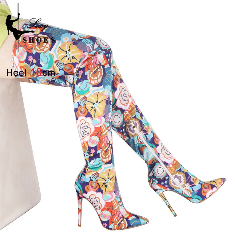 Autumn Women Shoes Over-the-Knee Elastic Sock Boots Side Zip Pointed Toe Ladies High Heels Night Club Novelty Print Thigh Boots