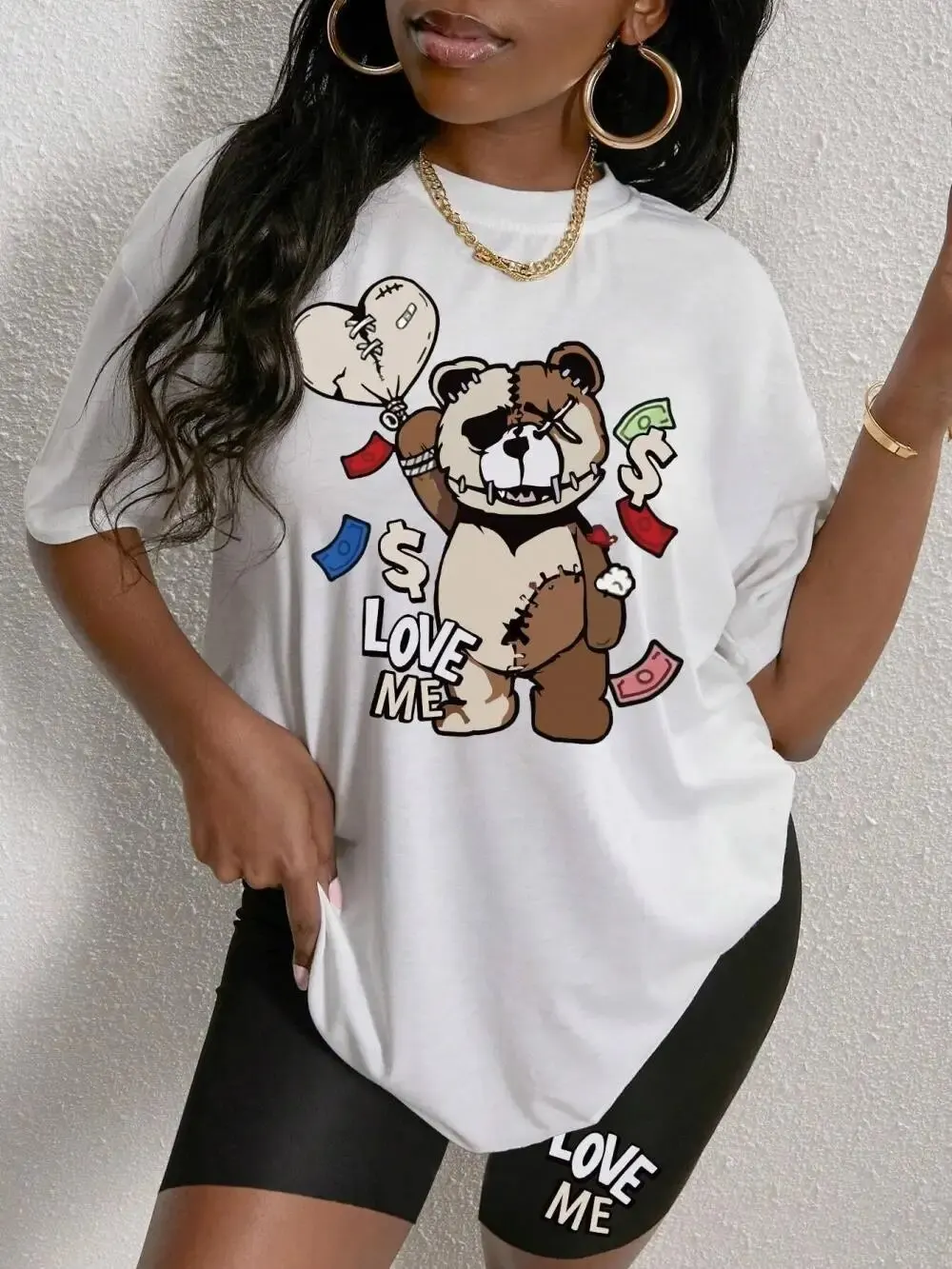 Summer Tops & Shorts Two Pieces Set Casual Women Street Fashion Clothes Cute Bear Love Me Prints T-Shirt Female Short Sleeve