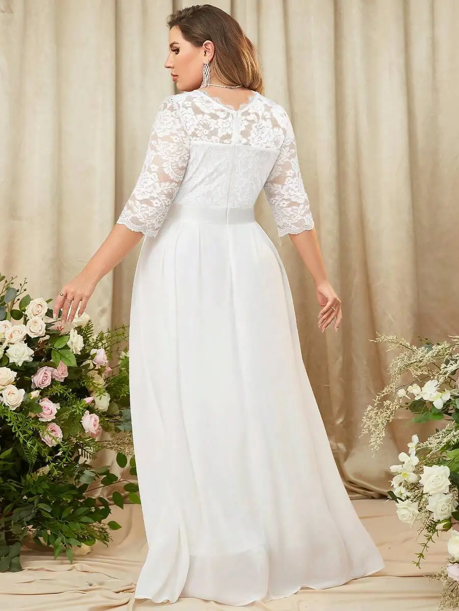 

Plus Size Floral Lace Bodice Flare Hem Formal Evening Maxi Dress White Elegant Spring