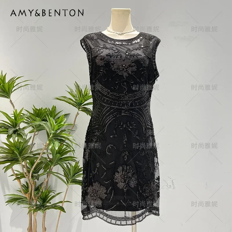 French Style Heavy Embroidery Sequins Beaded Dress Sleeveless Sexy Slim O-neck Tank Vestido Suitable For Party Banquet Dresses