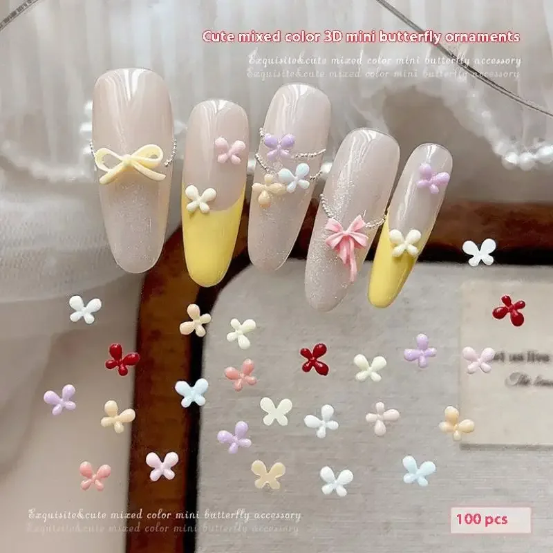 100Pcs Nail Enhancement Mini Mixed Color Bow Resin Flat Bottom Nail Decoration Nail Charm Accessories