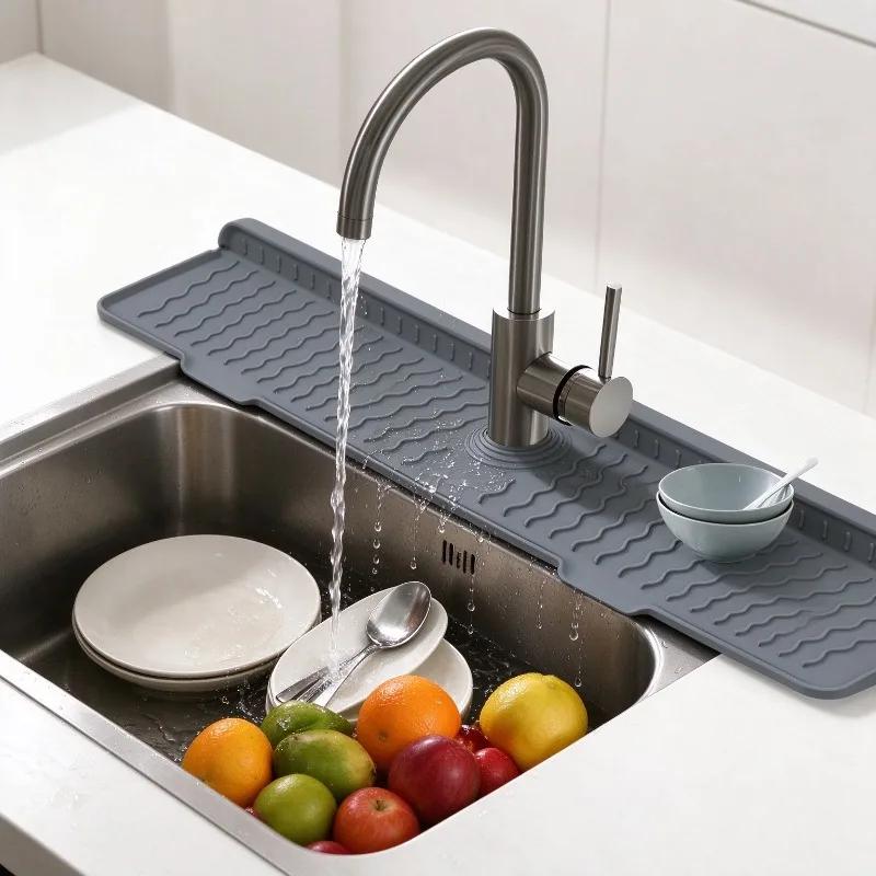 Food Grade Cuttable Silicone Faucet Draining Mat Thickened Sloped Anti Splash Pad for Kitchen Sink Countertop Water Protection