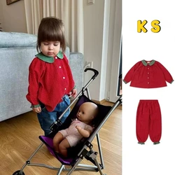 Spring Ks Kids Clothing Baby Girls Red Polka Dot Long Sleeve T Shirts Autumn Children's Cute Ruffled Trousers Strawberry Suit