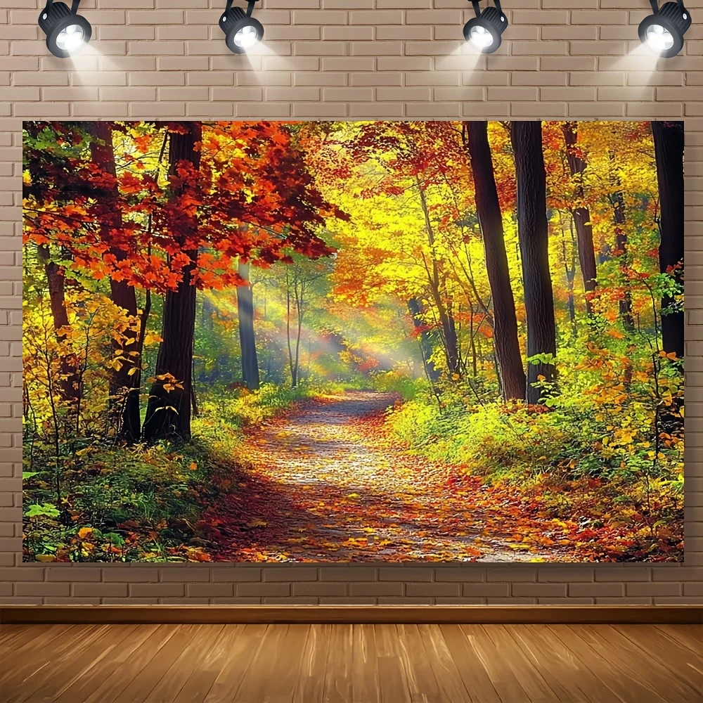 1 arrière-plan de photographie de chemin de forêt d'érable d'automne-une scène vibrante de feuille d'automne, auvents d'arbre éclairés par le soleil, polyester
