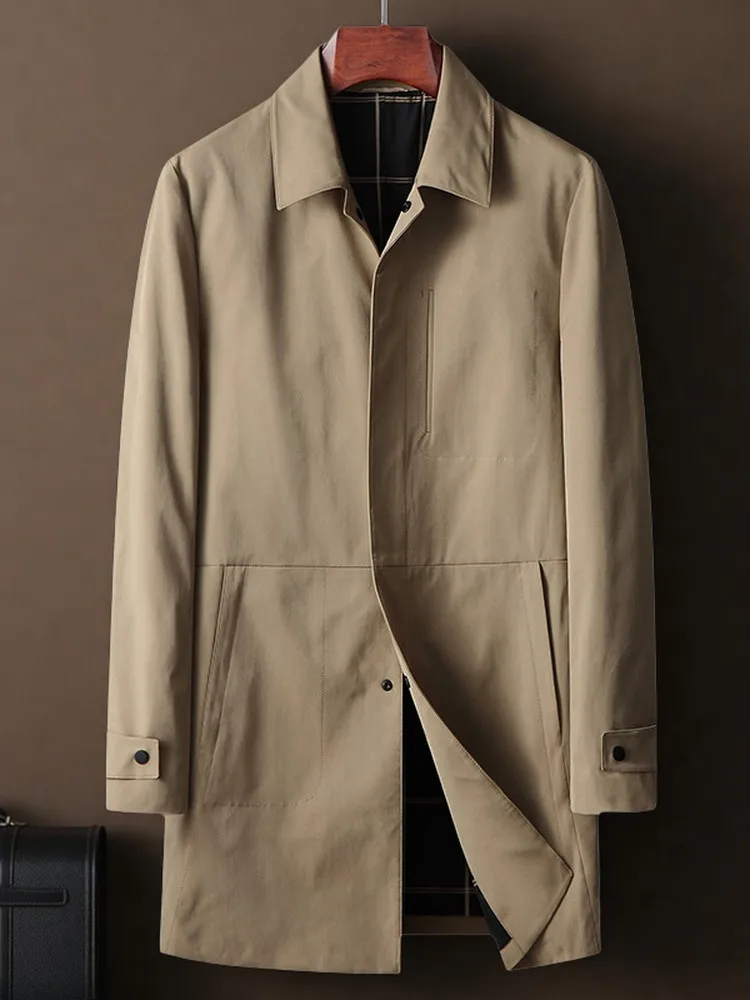 

Men's Mid-Length Casual Thin Coat Spring Autumn Busin Leisure Turn-down Collar Men's Faion Outerwear Waterproof Polyester